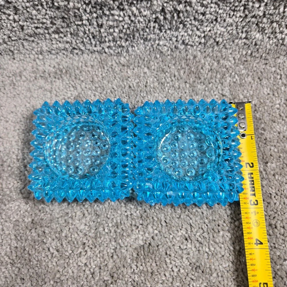 Vintage Hobnail Glass Candle Holder Set Turquoise Blue Square Votive Pair